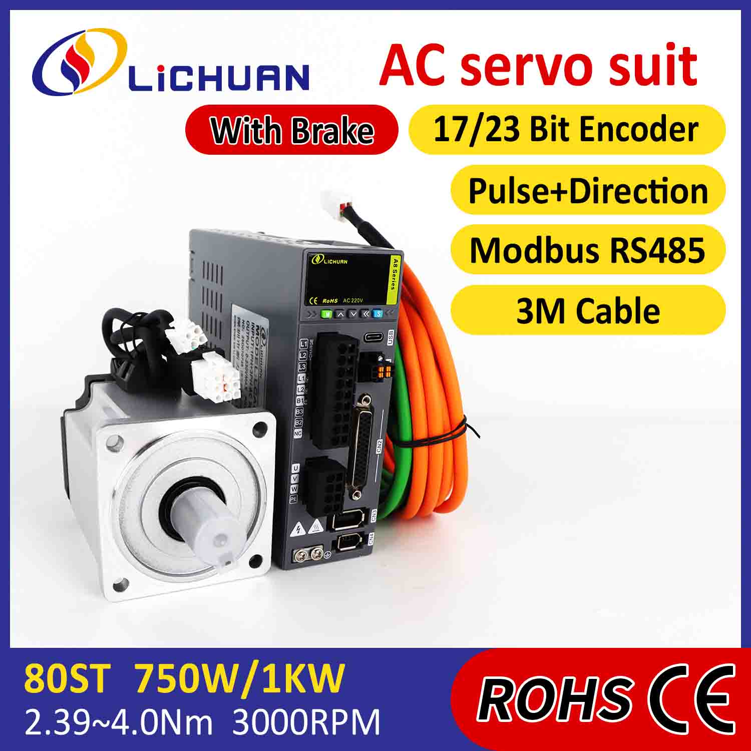 Lichuan AC サーボ モーター ドライバー キット A8 高精度 STO ABZ 1001W 1KW 4.0N.m 220V 4.6A 2500/3000RPM IP65