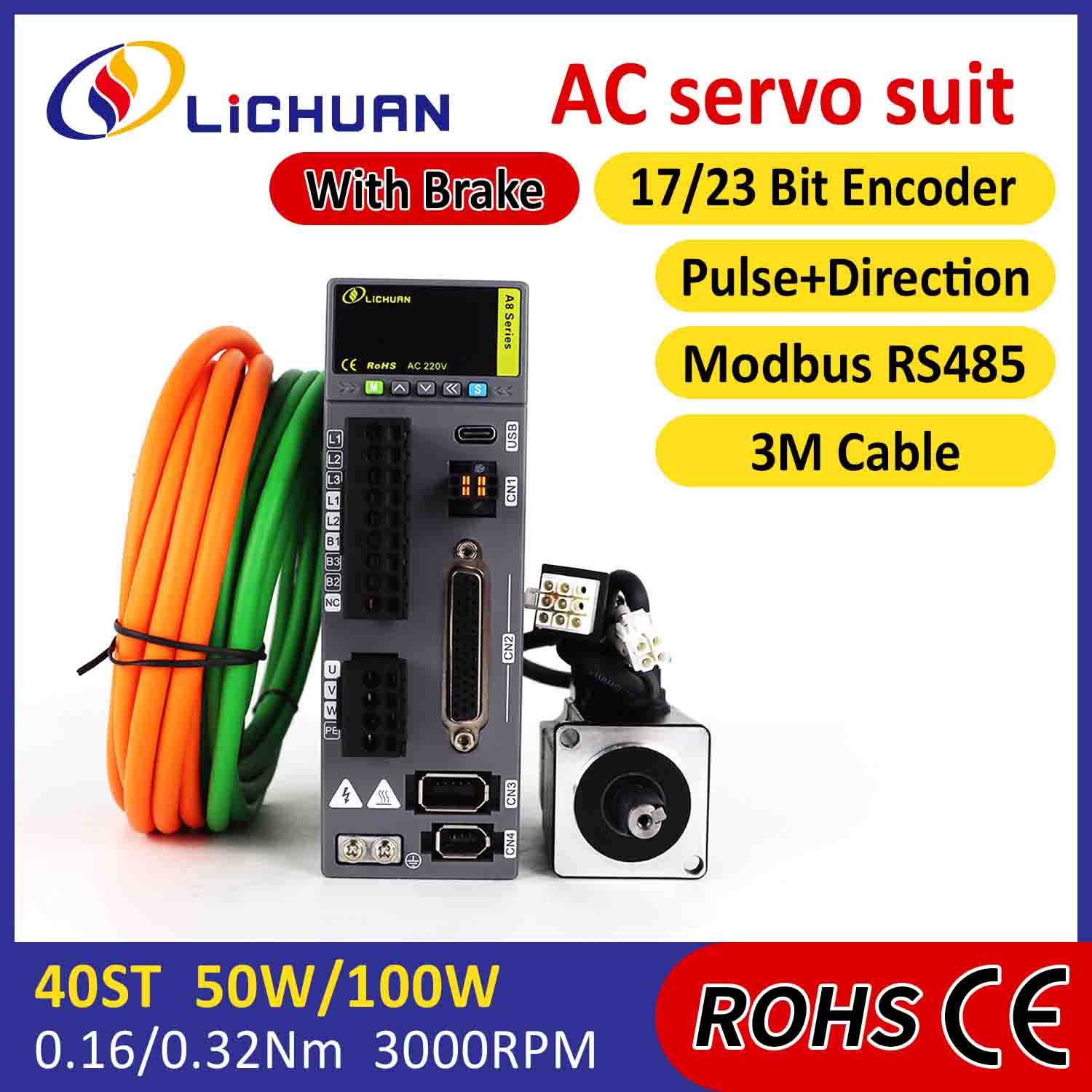 Lichuan AC サーボ モーター ドライバー キット A8 高精度 STO ABZ 50W 0.16N.m 220V 0.8A 3000RPM IP65