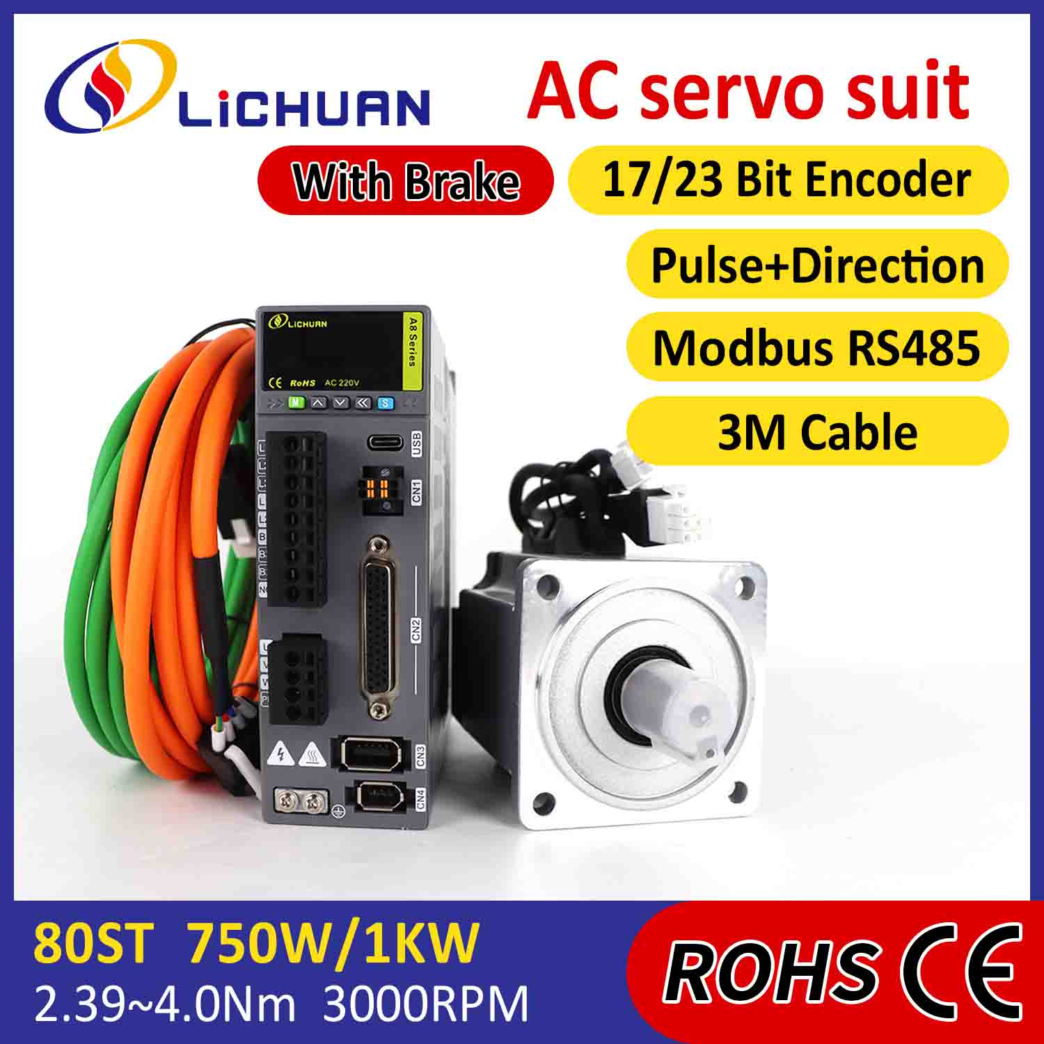 Lichuan AC サーボ モーター ドライバー キット A8 高精度 STO ABZ 750W 0.75KW 2.39N.m 220V 4.5A 2500/3000RPM IP65